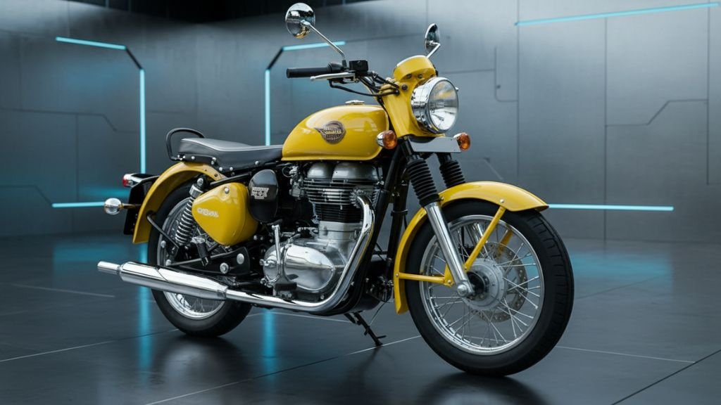 Yellow vintage motorcycle in modern setting